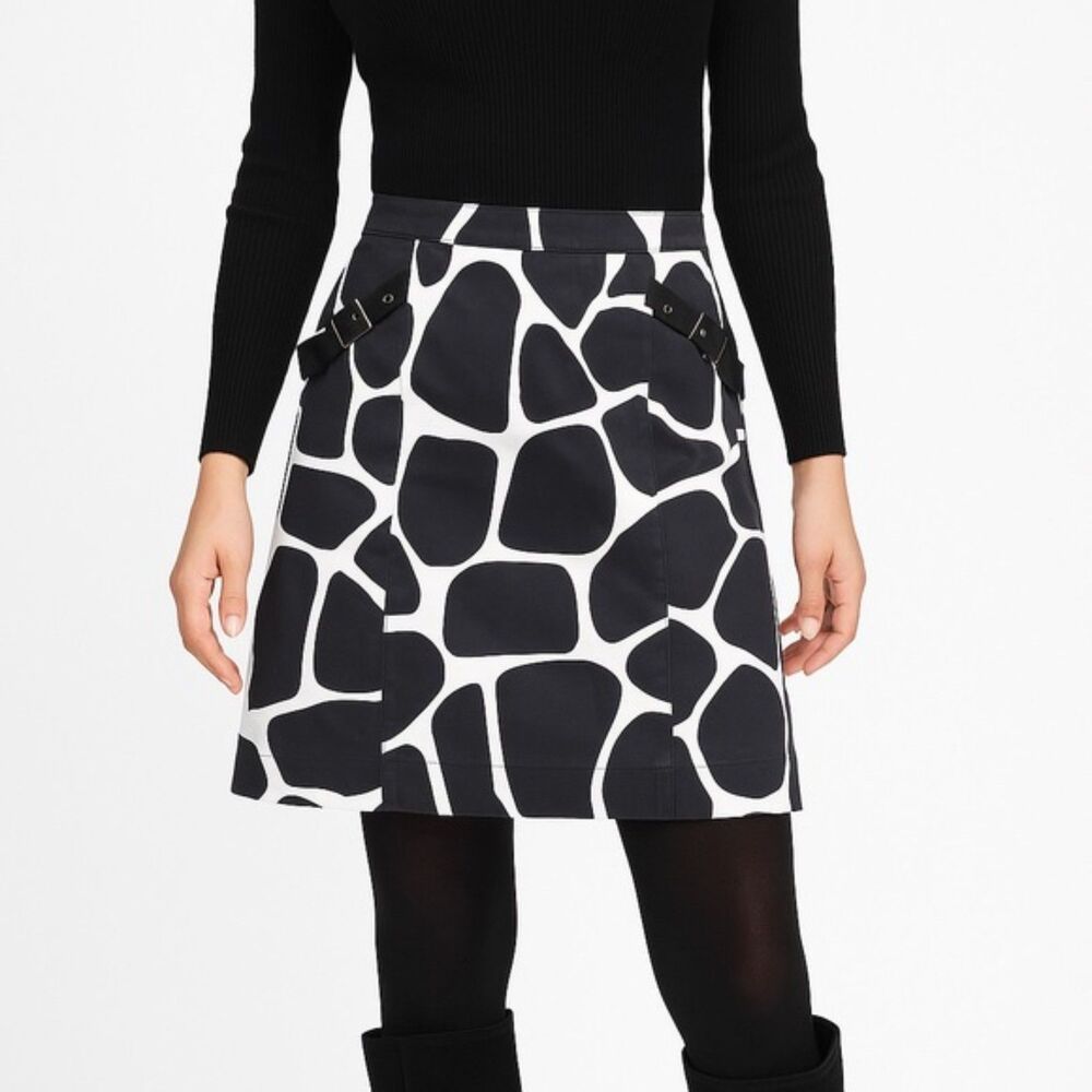 WORTH New York Black & White Giraffe Cow Print A-Line Buckle Trim Skirt Size 4